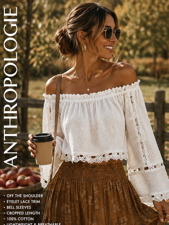 POL Tops - NWT Anthro Pol, White Eyelet Off Shoulder Boho Bell Sleeve Crop Top, EUC, Size L